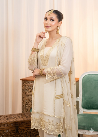Ladies Embroidered Cream Bemberg Crinkle Chiffon Kurta Set Online in UK USA Canada
