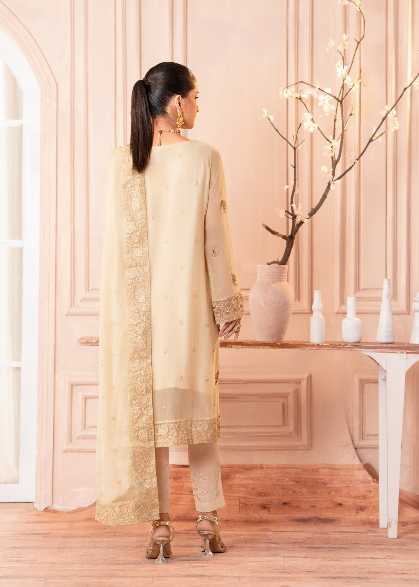 Ladies Embroidered Cream Chiffon Festive Wear Shalwar Kameez Online in UK USA Canada