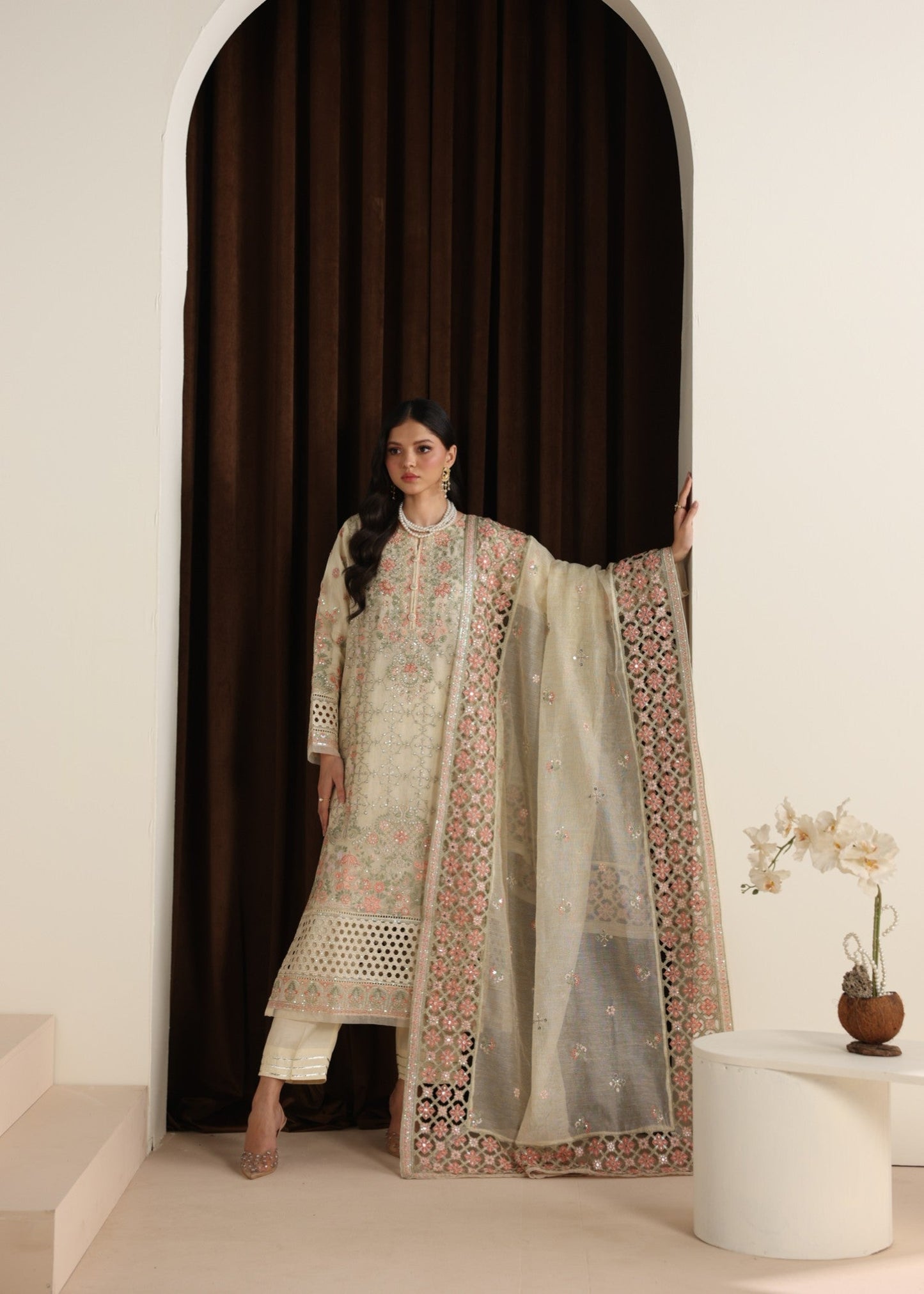 Ladies Embroidered Cream Khaddi Net Shalwar Kameez Online in UK USA Canada
