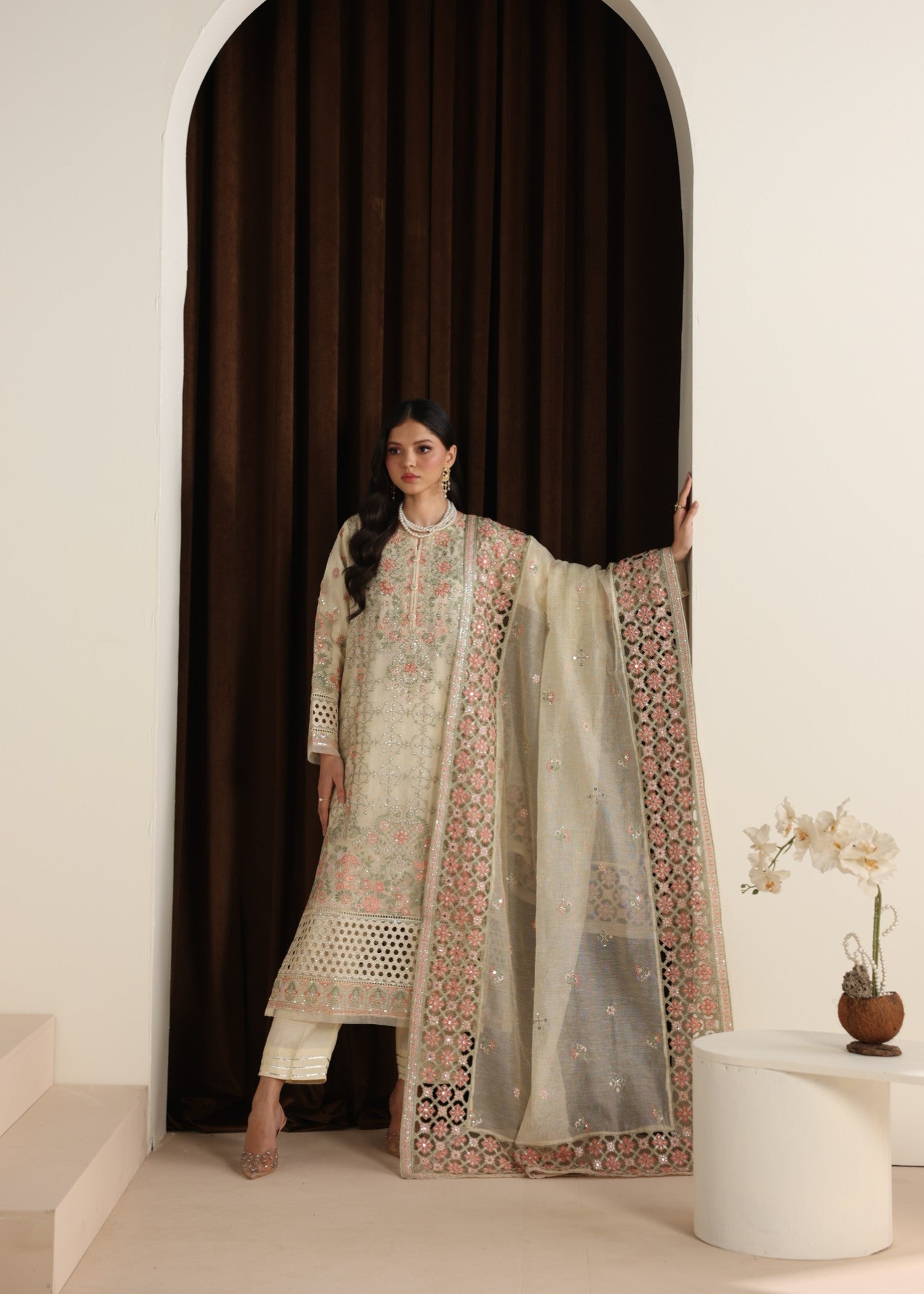 Ladies Embroidered Cream Khaddi Net Shalwar Kameez Online in UK USA Canada