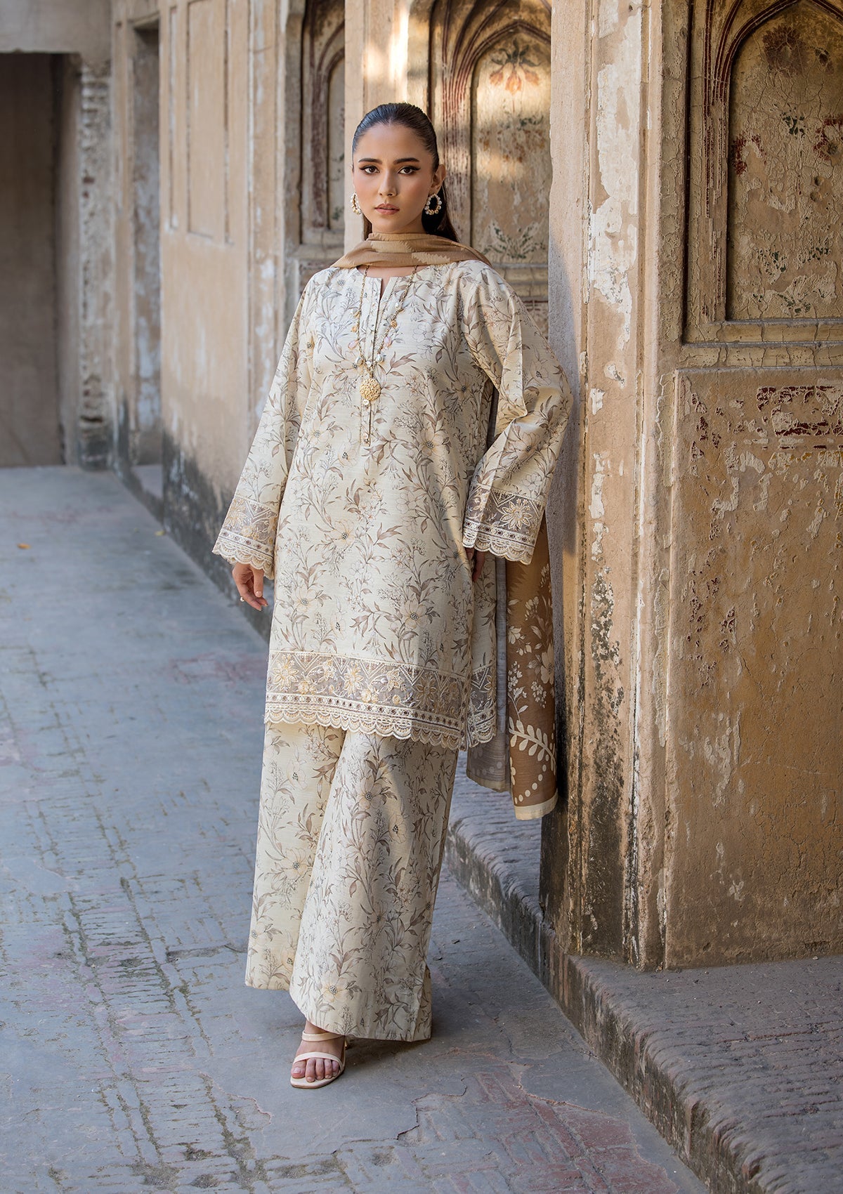 Ladies Embroidered Cream Lawn Shalwar Kameez Online in UK USA Canada