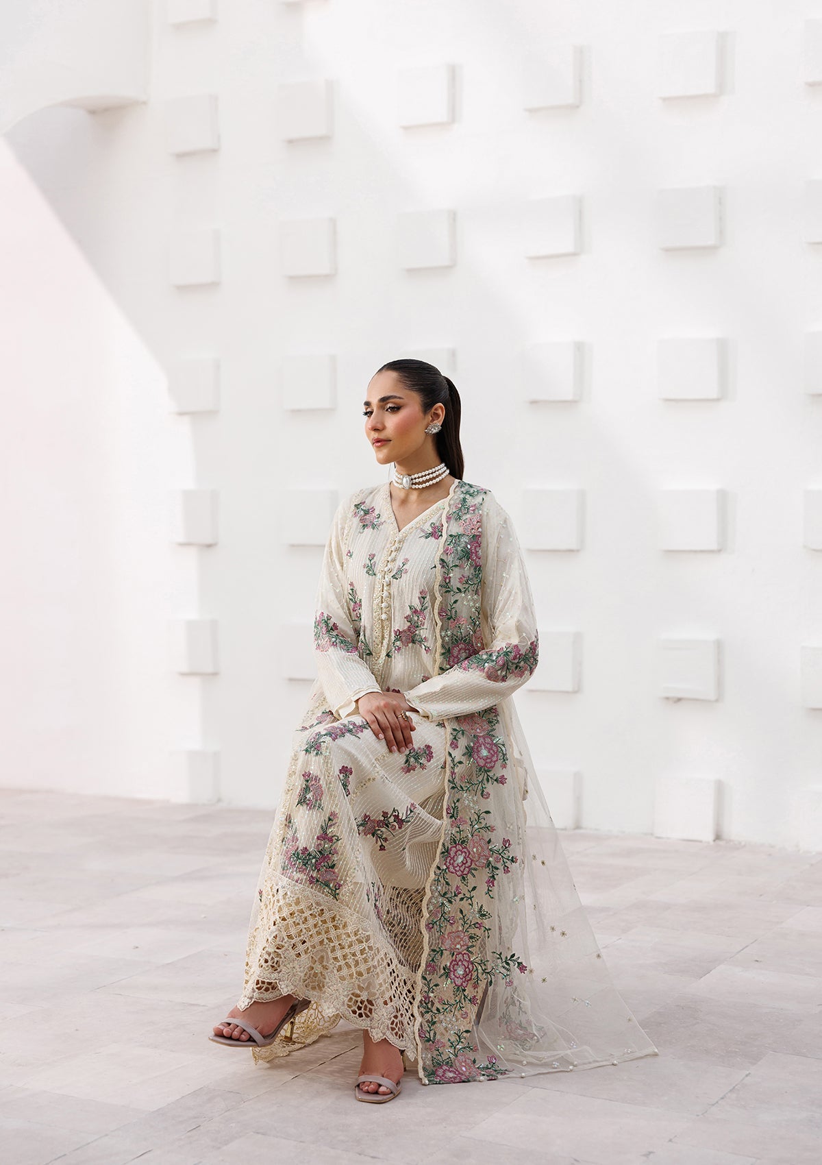 Ladies Embroidered Cream Raw Silk Festive Suit Online in UK USA Canada
