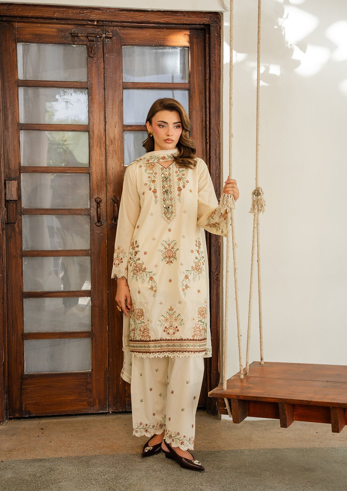 Ladies Embroidered Cream Shalwar Kameez Online in UK USA Canada