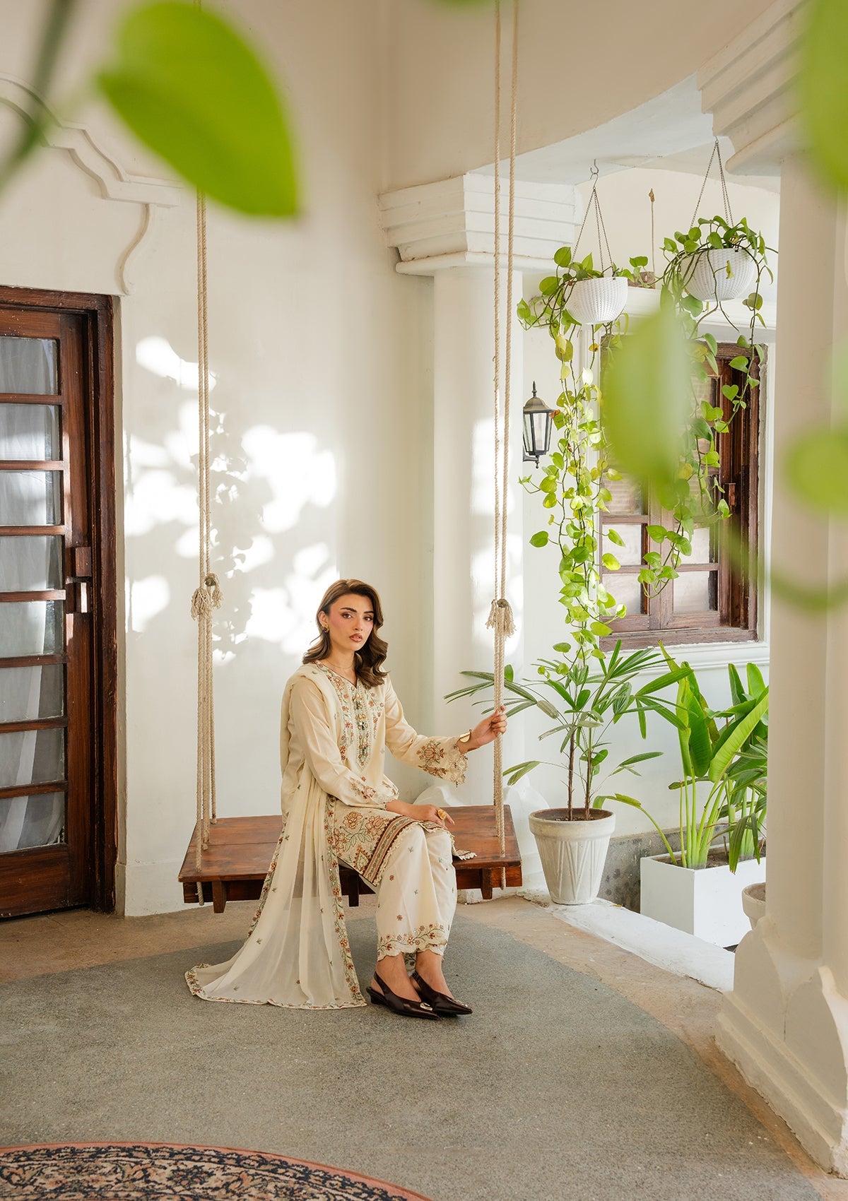 Ladies Embroidered Cream Shalwar Kameez Online in UK USA Canada