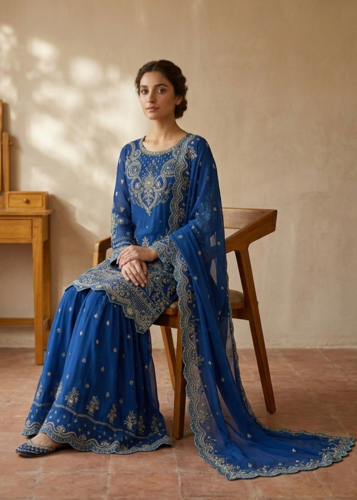 Ladies Embroidered Dark Blue Chiffon Shalwar Kameez Online in UK USA Canada