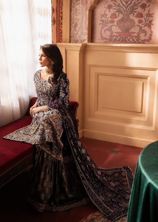 Ladies Embroidered Dark Blue Gharara Salwar Kameez Online in UK USA Canada