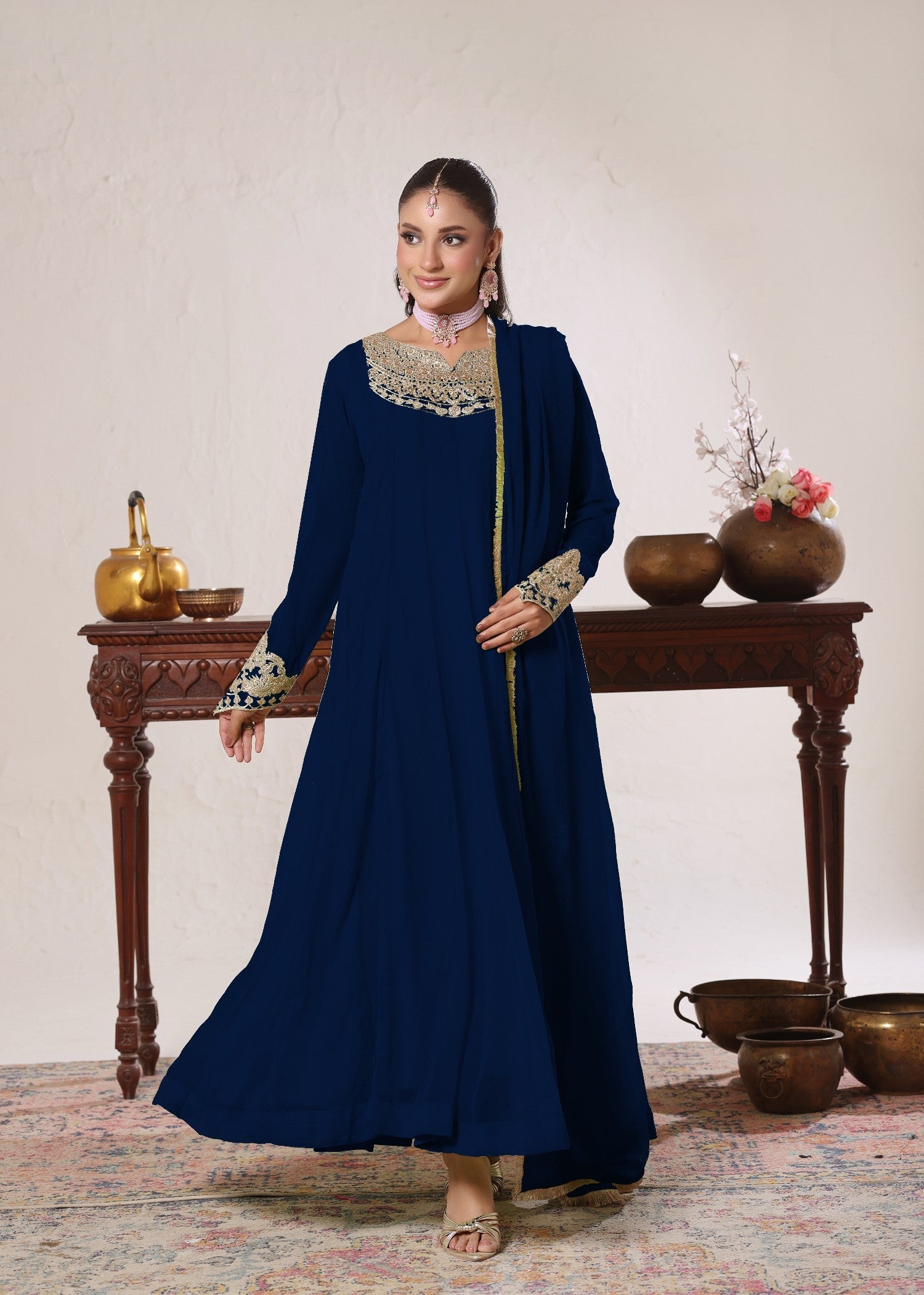 Ladies Embroidered Dark Green Chiffon Festive Suit Online in UK USA Canada