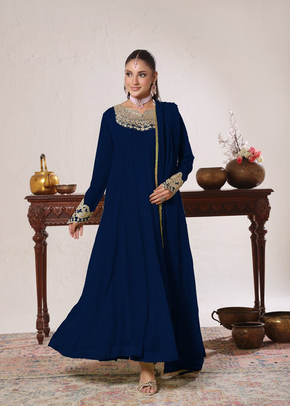 Ladies Embroidered Dark Green Chiffon Festive Suit Online in UK USA Canada