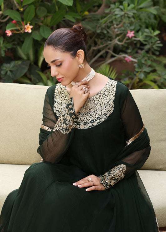 Ladies Embroidered Dark Green Chiffon Partywear Suit Online in UK USA Canada