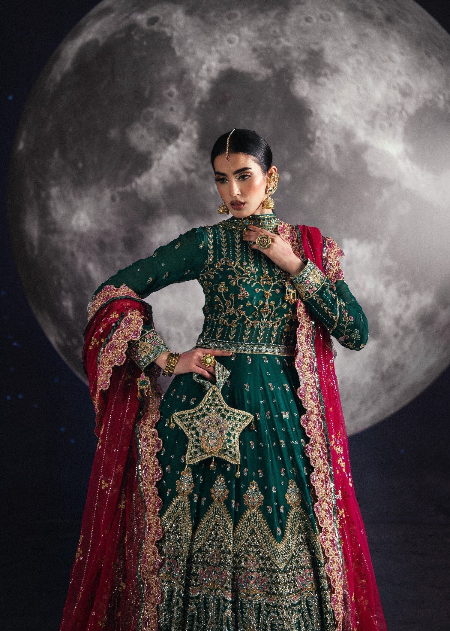 Ladies Embroidered Dark Green Organza Dupatta Suit Online in UK USA Canada