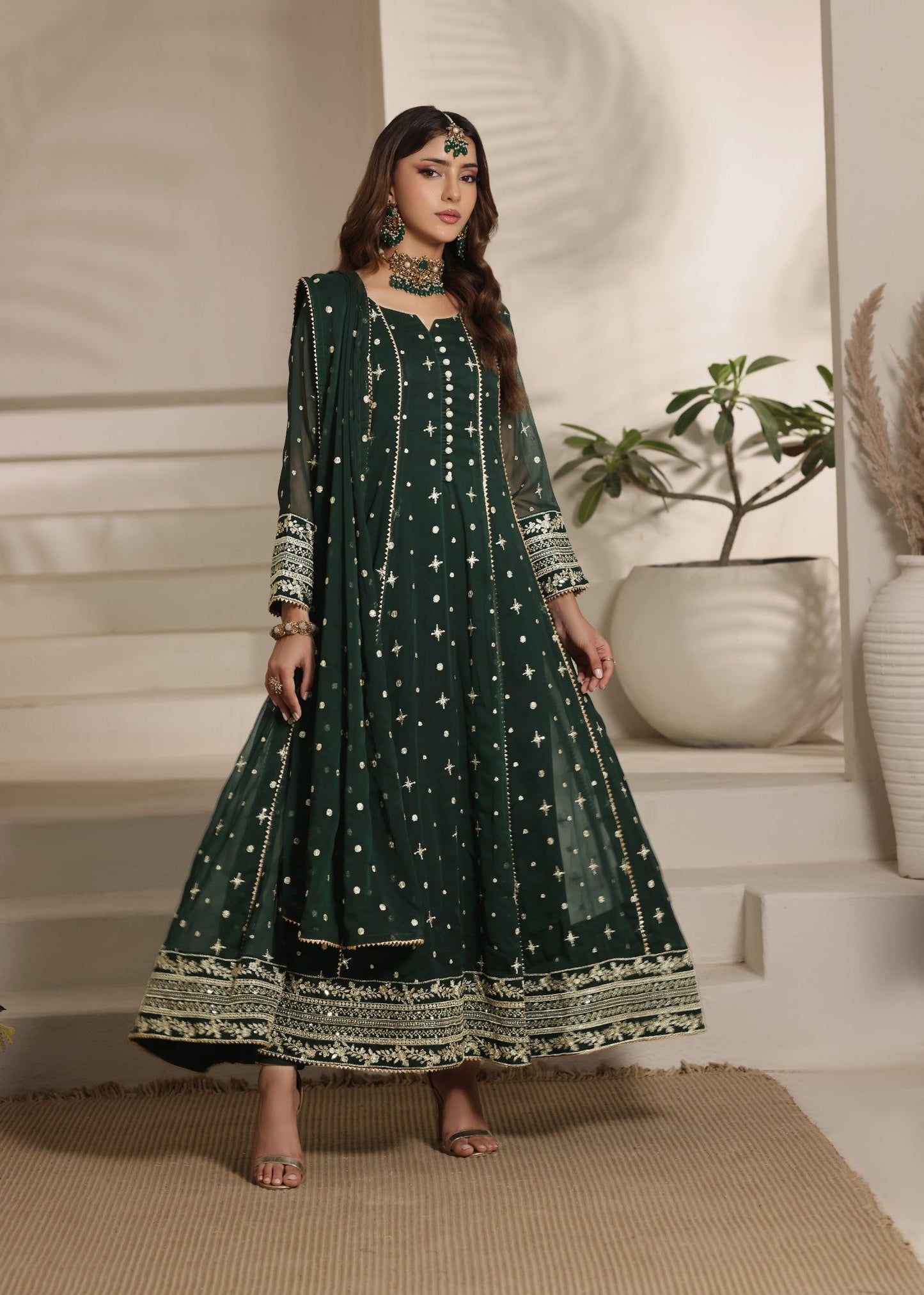 Ladies Embroidered Dark Green Partywear Suit Online in UK USA Canada