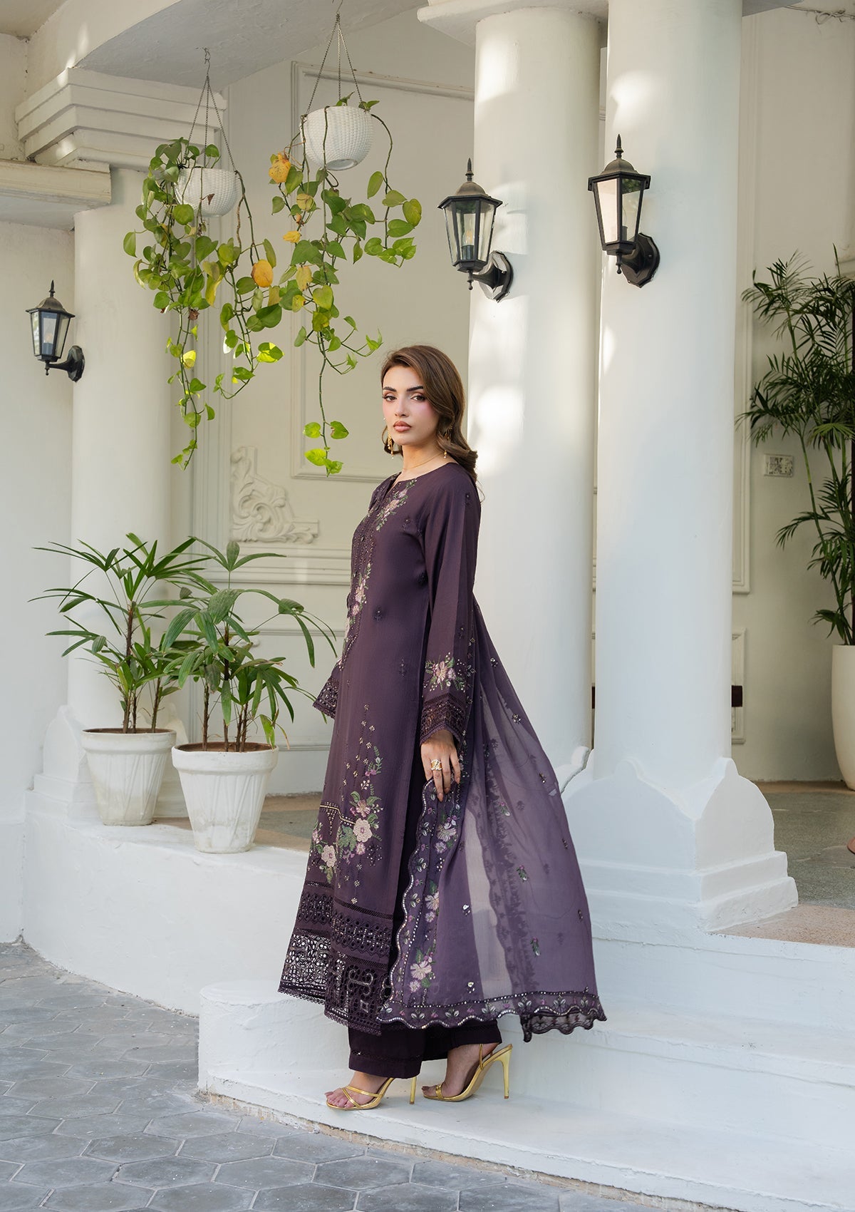 Ladies Embroidered Deep Purple Cotton Shalwar Kameez Online in UK USA Canada