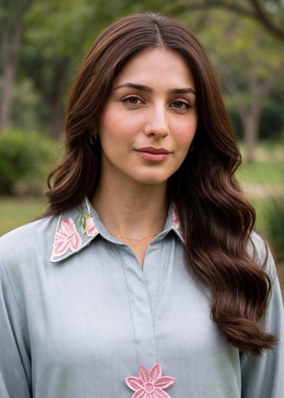 Ladies Embroidered Duck Egg Grey Linen Kaftan Online in UK USA Canada