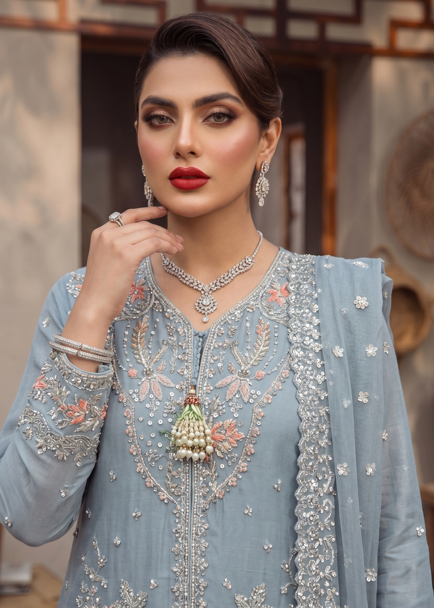 Ladies Embroidered Duck Egg Grey Organza Shalwar Kameez Online in UK USA Canada