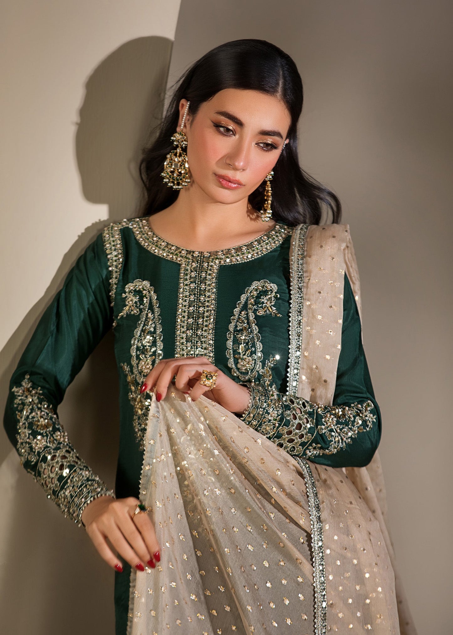 Ladies Embroidered Emerald Green Silk Suit Online in UK USA Canada