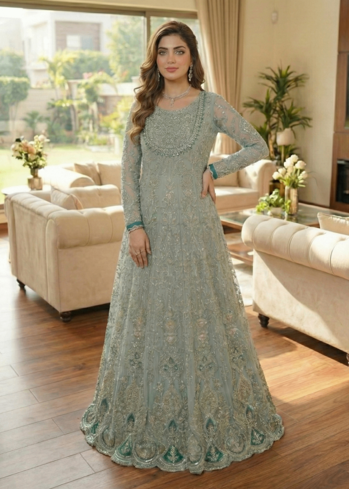 Ladies Embroidered Frost Blue Organza Partywear Outfit Online in UK USA Canada