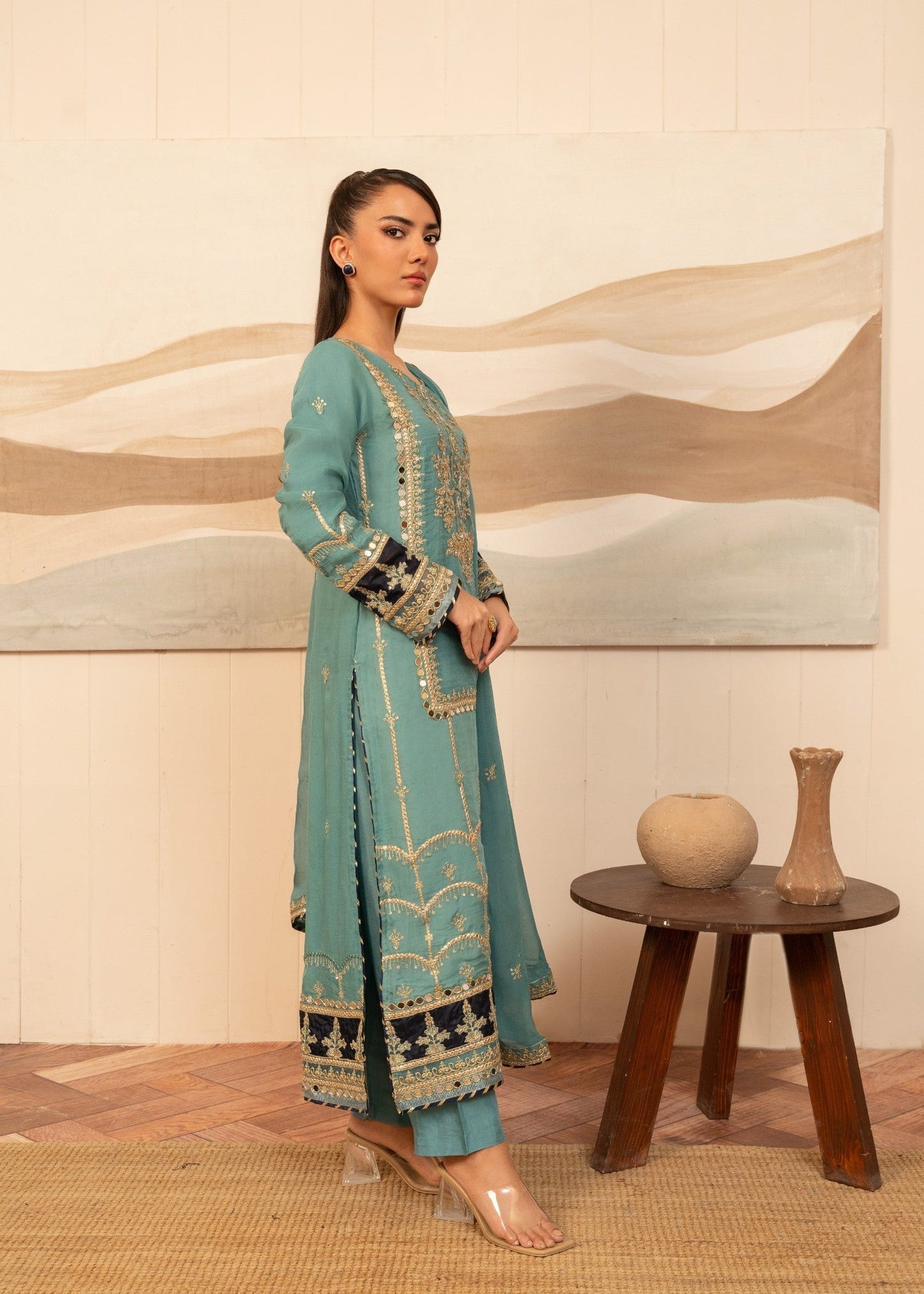Ladies Embroidered Georgette Chiffon Partywear Suit Online in UK USA Canada