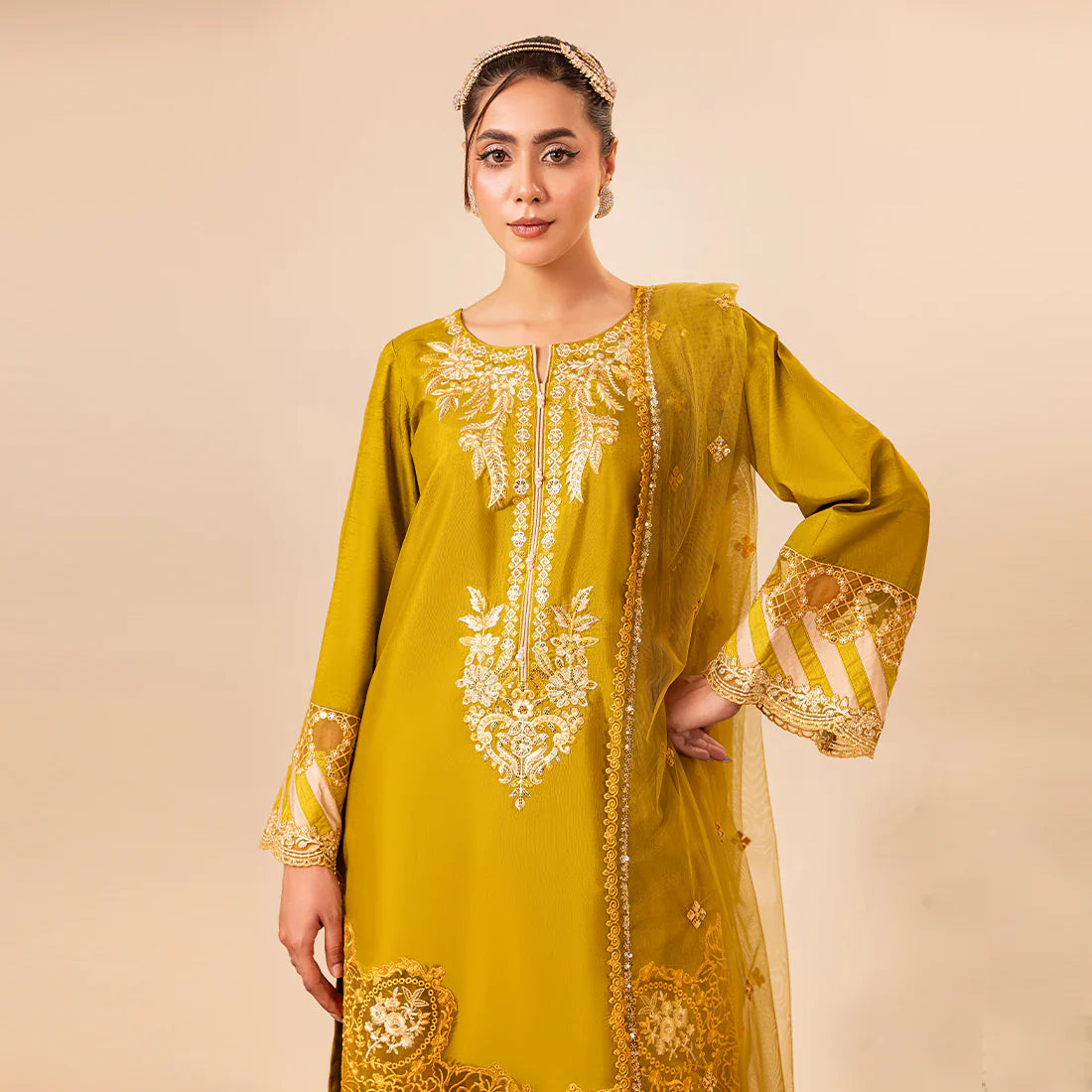 Ladies Embroidered Gold Silk Shalwar Kameez Online in UK USA Canada