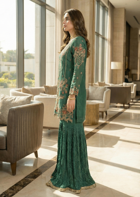 Ladies Embroidered Green Gharara Suit Online in UK USA Canada