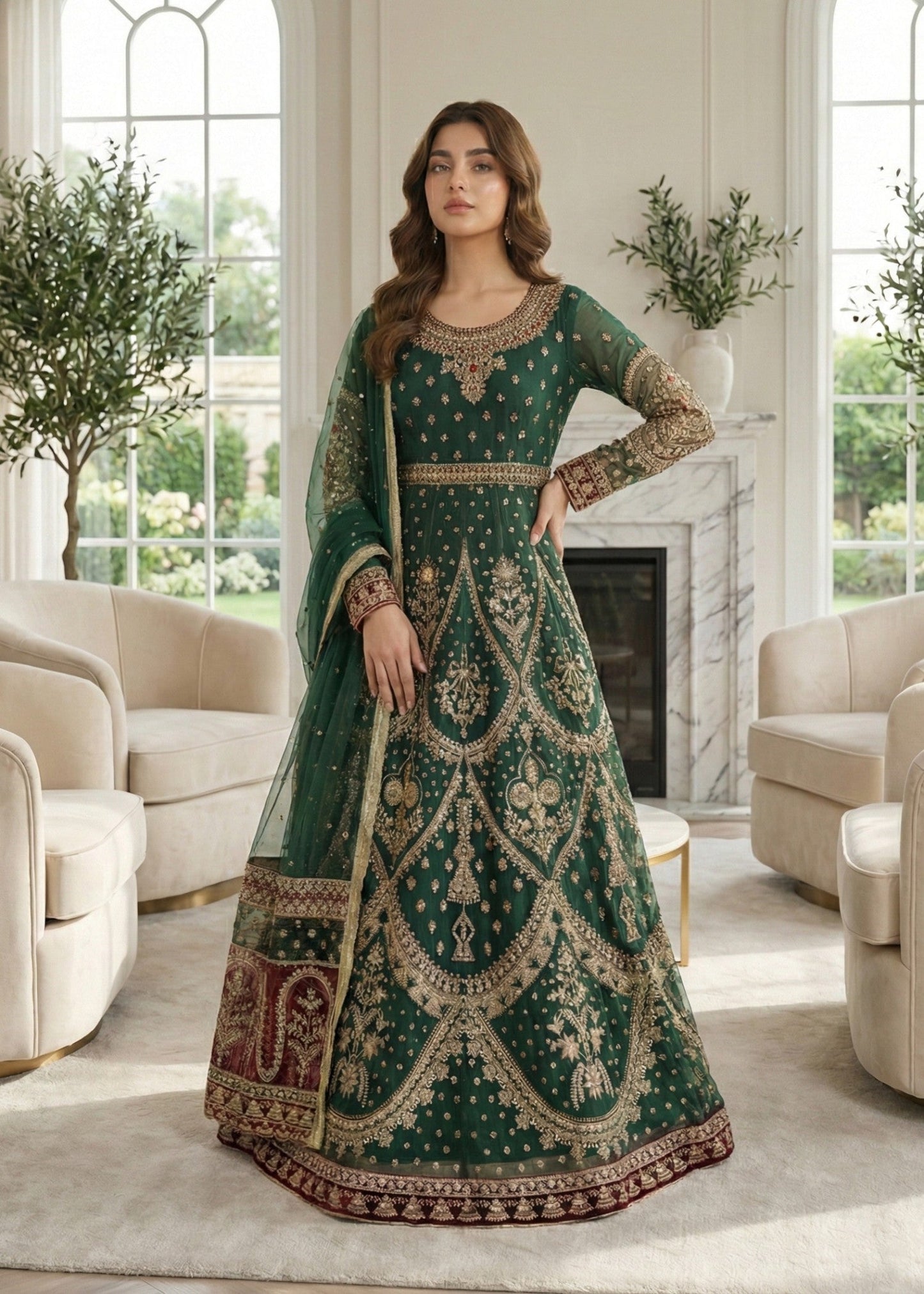 Ladies Embroidered Green Net Shalwar Kameez Online in UK USA Canada