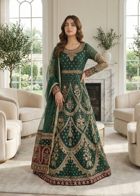 Ladies Embroidered Green Net Shalwar Kameez Online in UK USA Canada