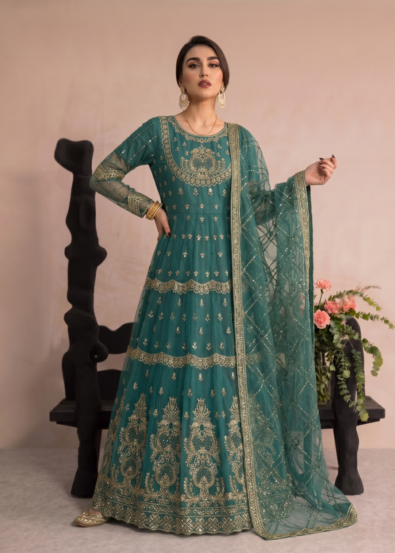 Ladies Embroidered Green Organza Shalwar Kameez Online in UK USA Canada