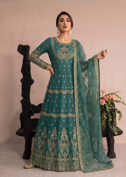 Ladies Embroidered Green Organza Shalwar Kameez Online in UK USA Canada