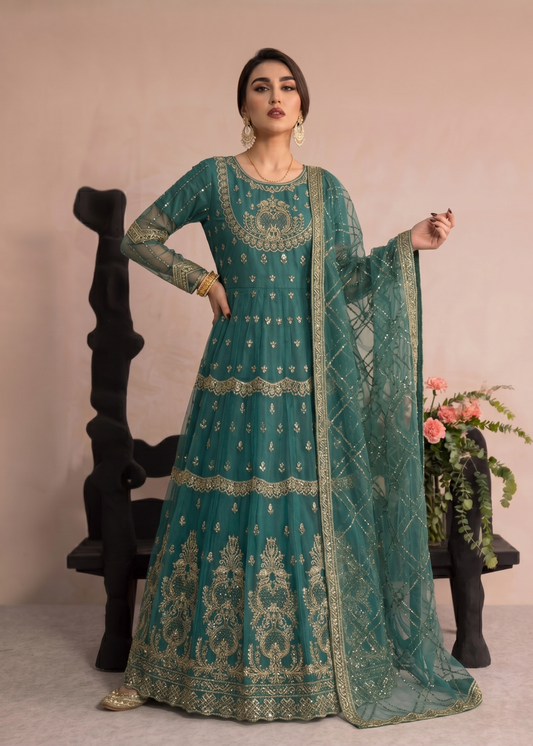 Ladies Embroidered Green Organza Shalwar Kameez Online in UK USA Canada