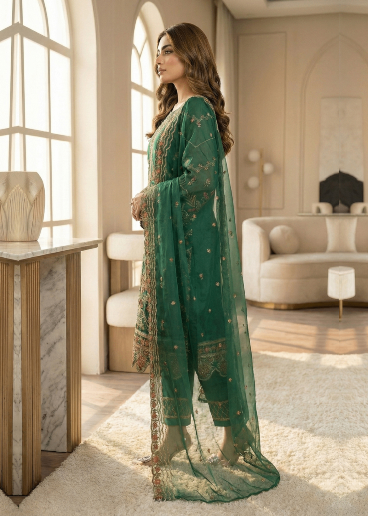 Ladies Embroidered Green Organza Shalwar Kameez Online in UK USA Canada