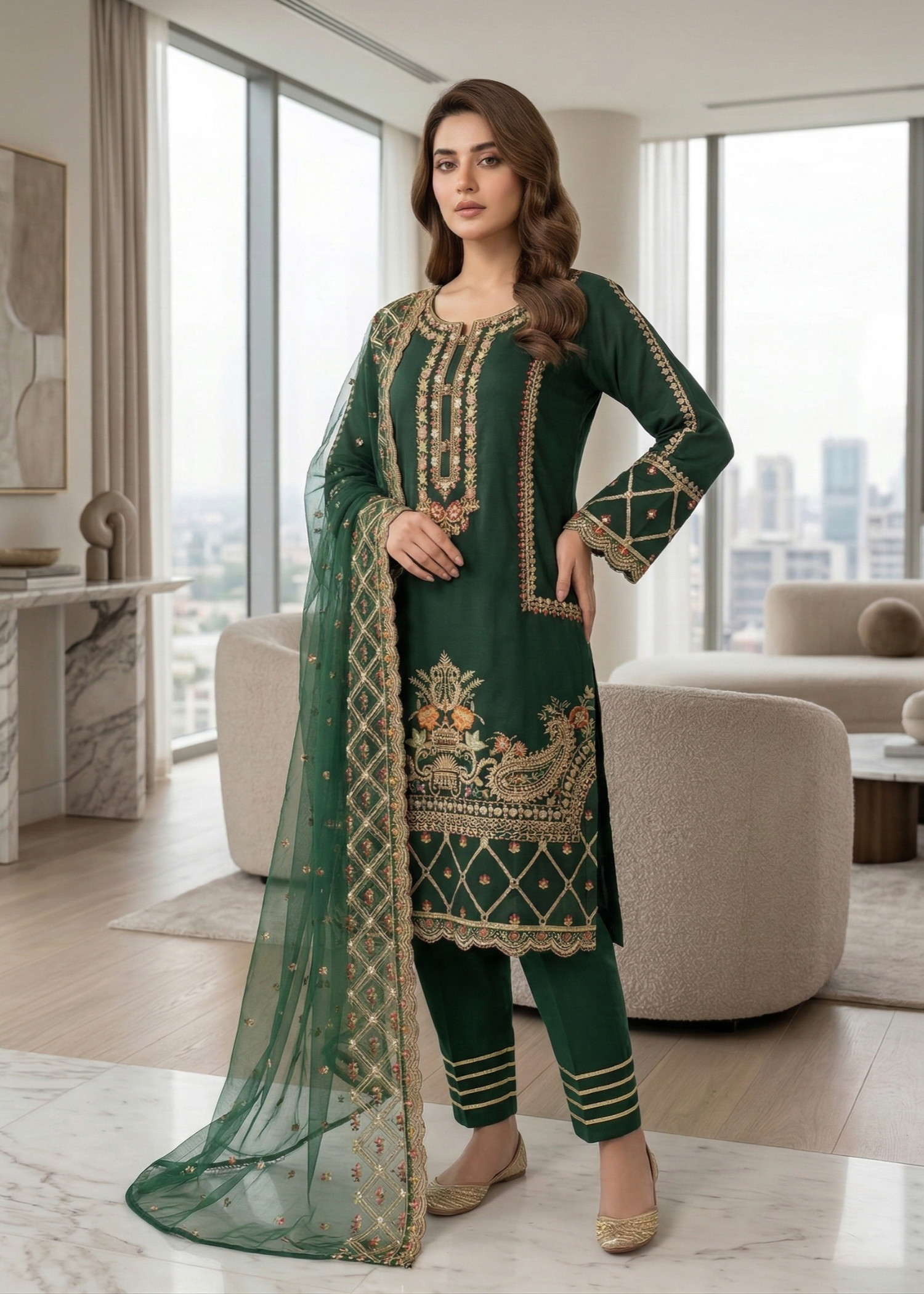 Ladies Embroidered Green Organza Shalwar Kameez Online in UK USA Canada