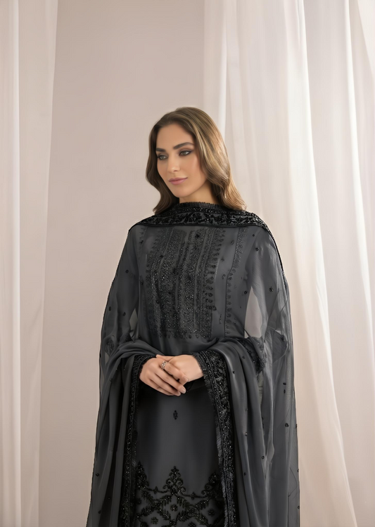 Ladies Embroidered Grey Bemberg Crinkle Chiffon Shalwar Kameez Online in UK USA Canada