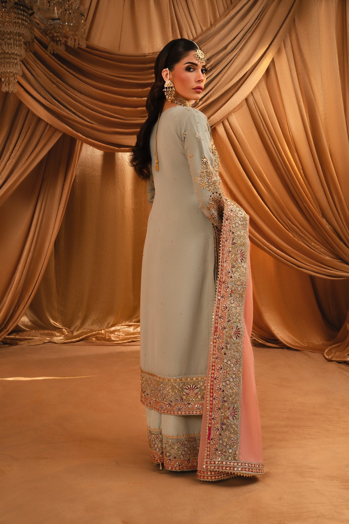 Ladies Embroidered Grey Chiffon Suit Online in KSA Riyadh Saudi Arabia Oman Bahrain Qatar