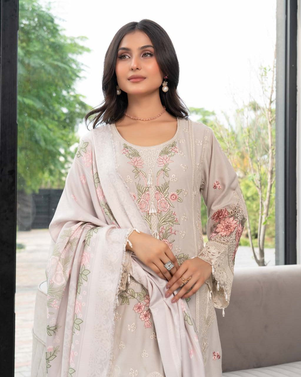Ladies Embroidered Grey Dhanak Shalwar Kameez Online in UK USA Canada