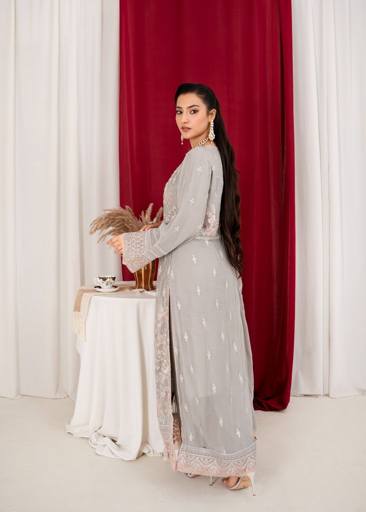 Ladies Embroidered Grey Georgette Shalwar Kameez Online in UK USA Canada