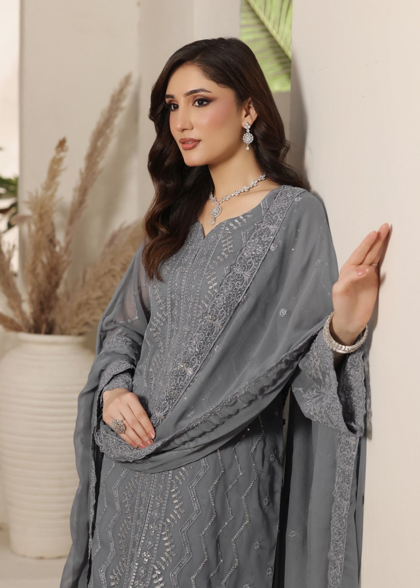 Ladies Embroidered Grey Kurta Set Online in UK USA Canada