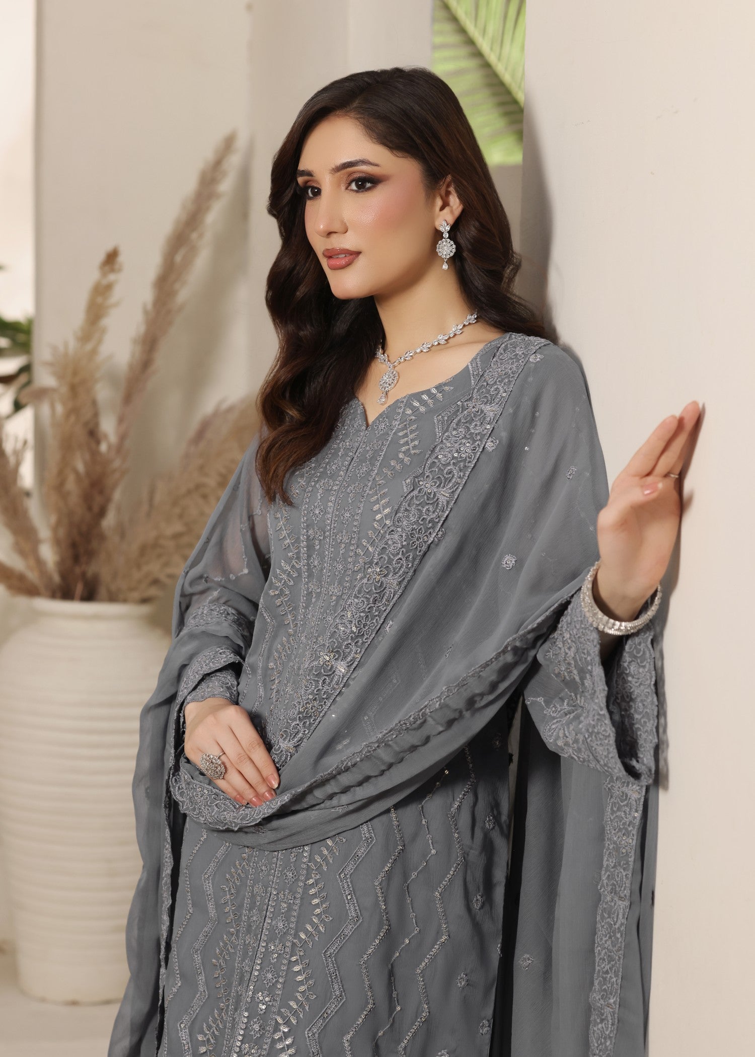Ladies Embroidered Grey Kurta Set Online in UK USA Canada