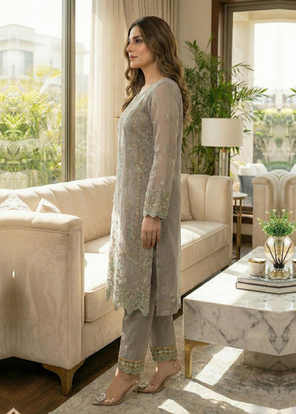 Ladies Embroidered Grey Organza Shalwar Kameez Online in UK USA Canada