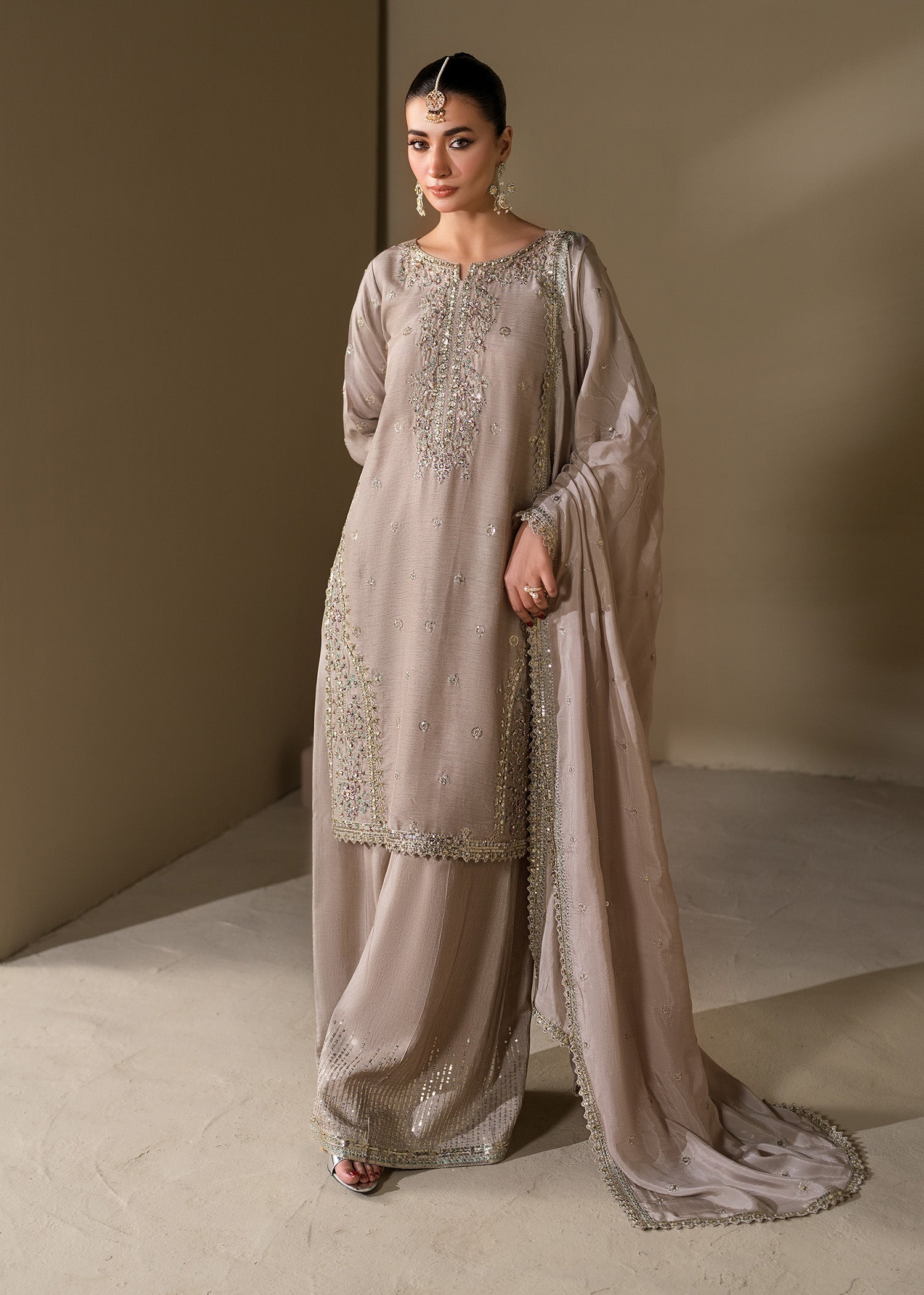 Ladies Embroidered Grey Raw Silk Suit Online in UK USA Canada