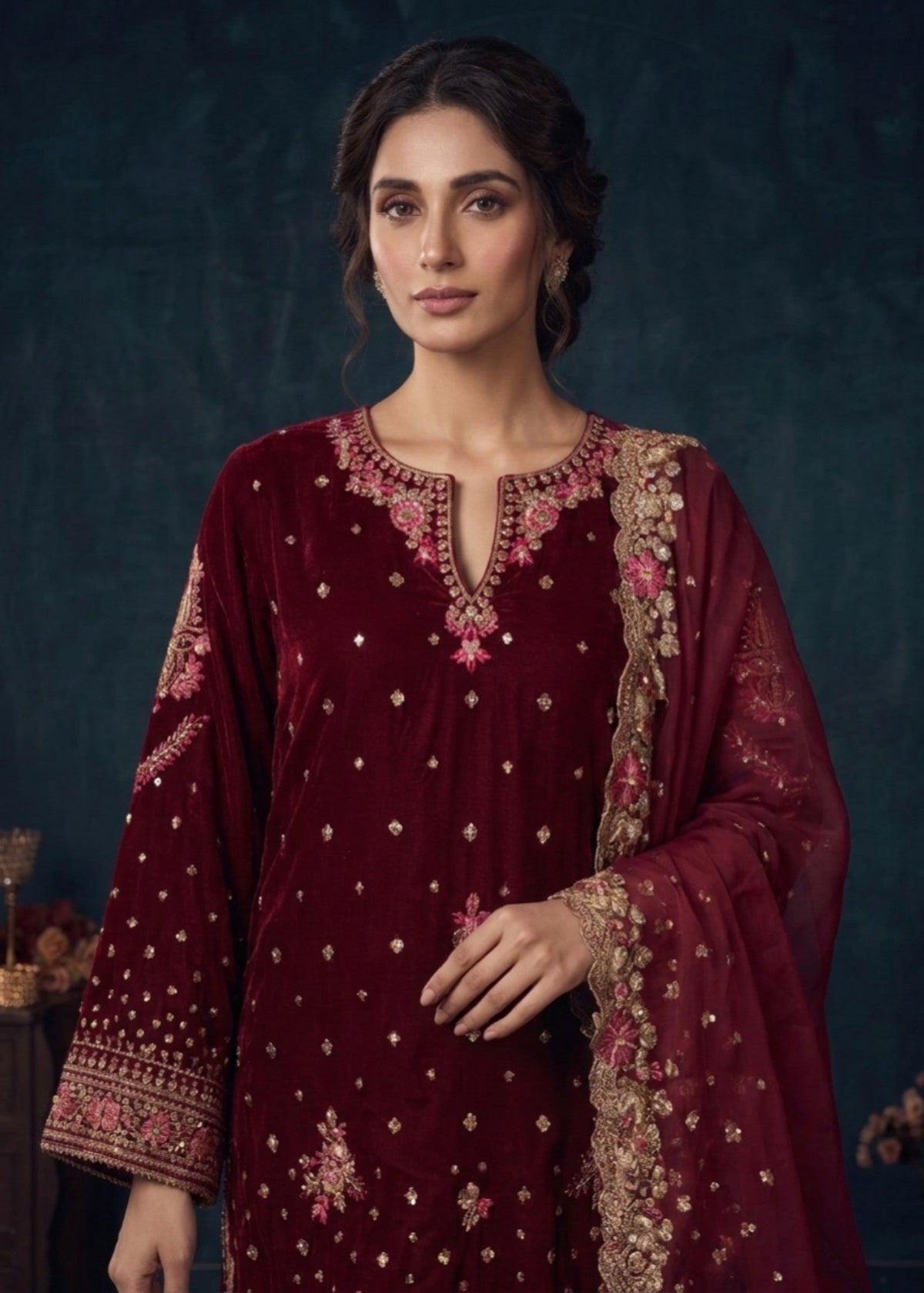 Ladies Embroidered Hot Pink Velvet Pakistani Suit Online in KSA Riyadh Saudi Arabia Oman Bahrain Qatar