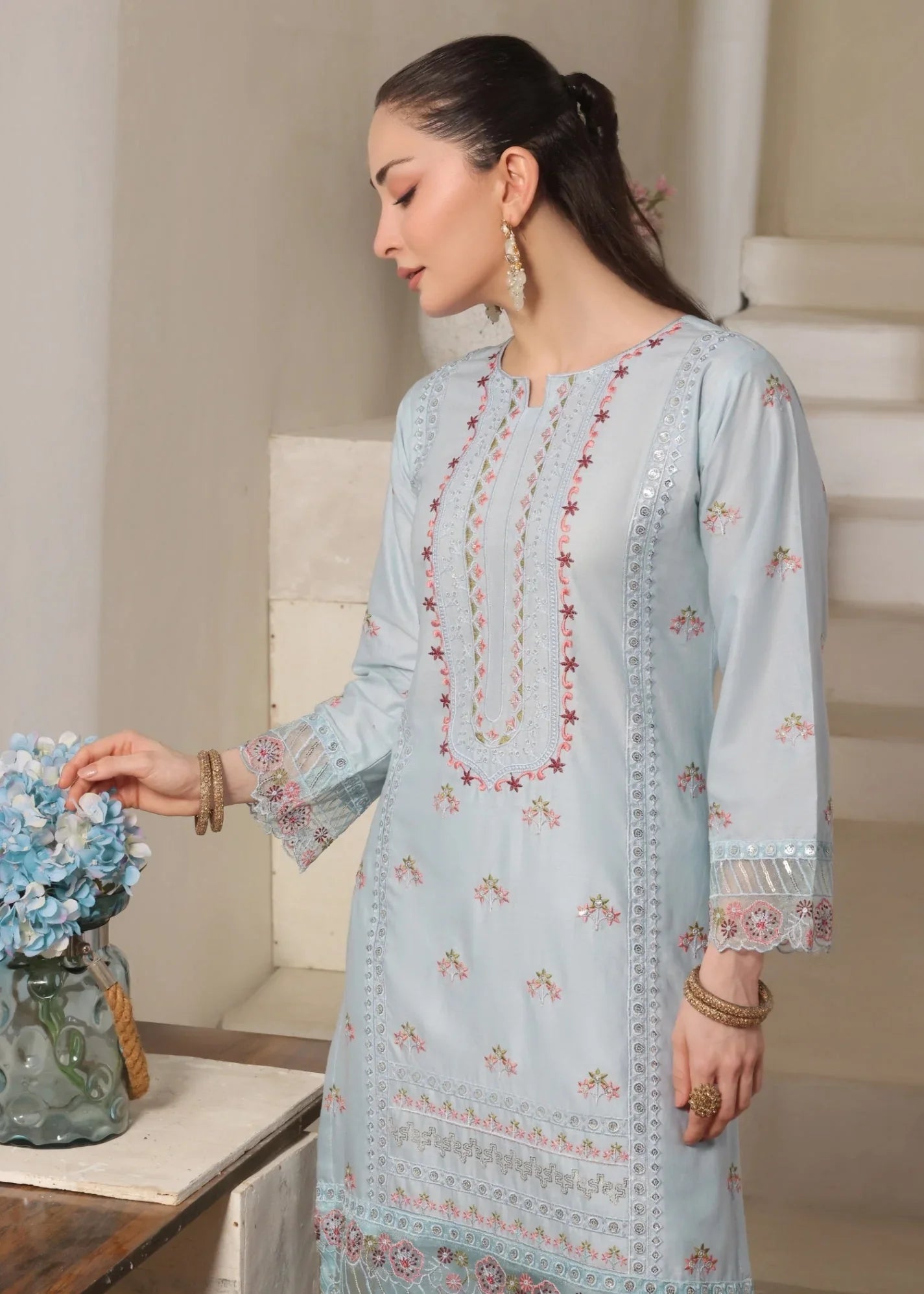 Ladies Embroidered Ice Blue Cotton Salwar Kameez Online in UK USA Canada