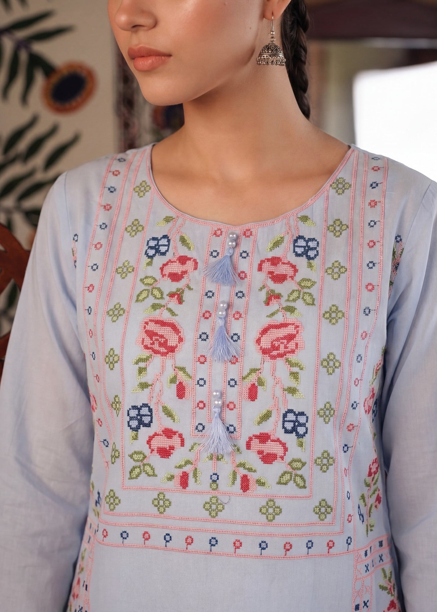 Ladies Embroidered Ice Blue Kurta Set Online in UK USA Canada