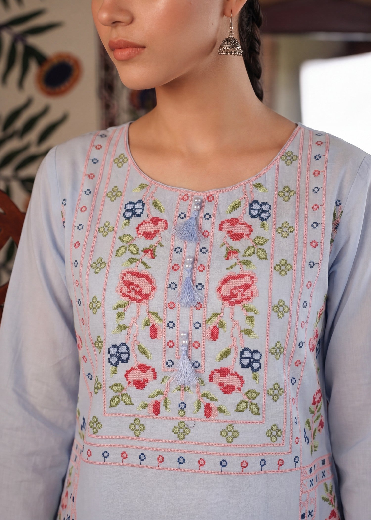 Ladies Embroidered Ice Blue Kurta Set Online in UK USA Canada