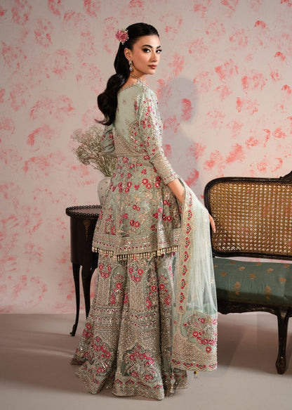 Ladies Embroidered Ice Blue Net Sharara Gharara Online in UK USA Canada