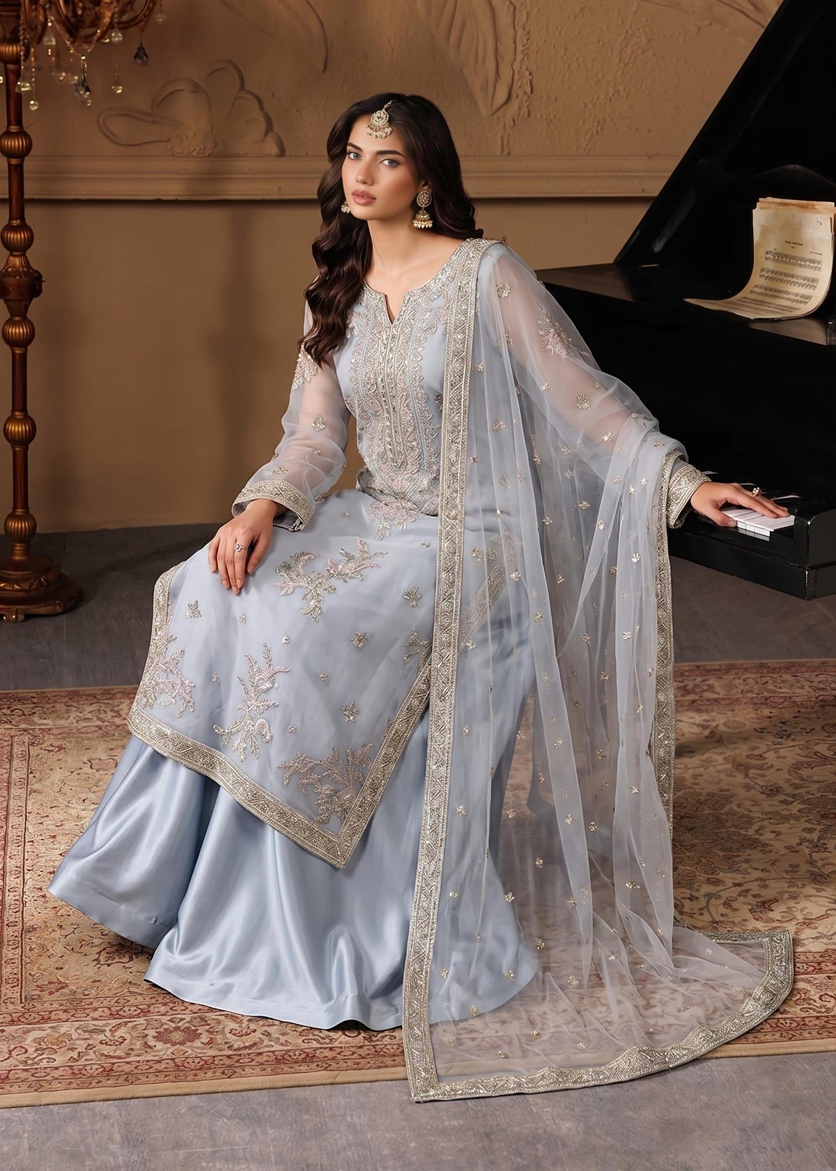 Ladies Embroidered Ice Blue Sharara Set Online in UK USA Canada