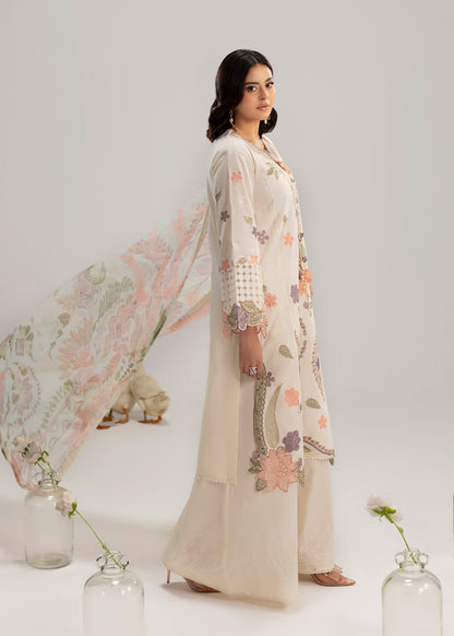 Ladies Embroidered Ivory Lawn 3 Piece Suit with Flared Trouser Online in Dubai UAE Abudhabi Ajman Sharjah