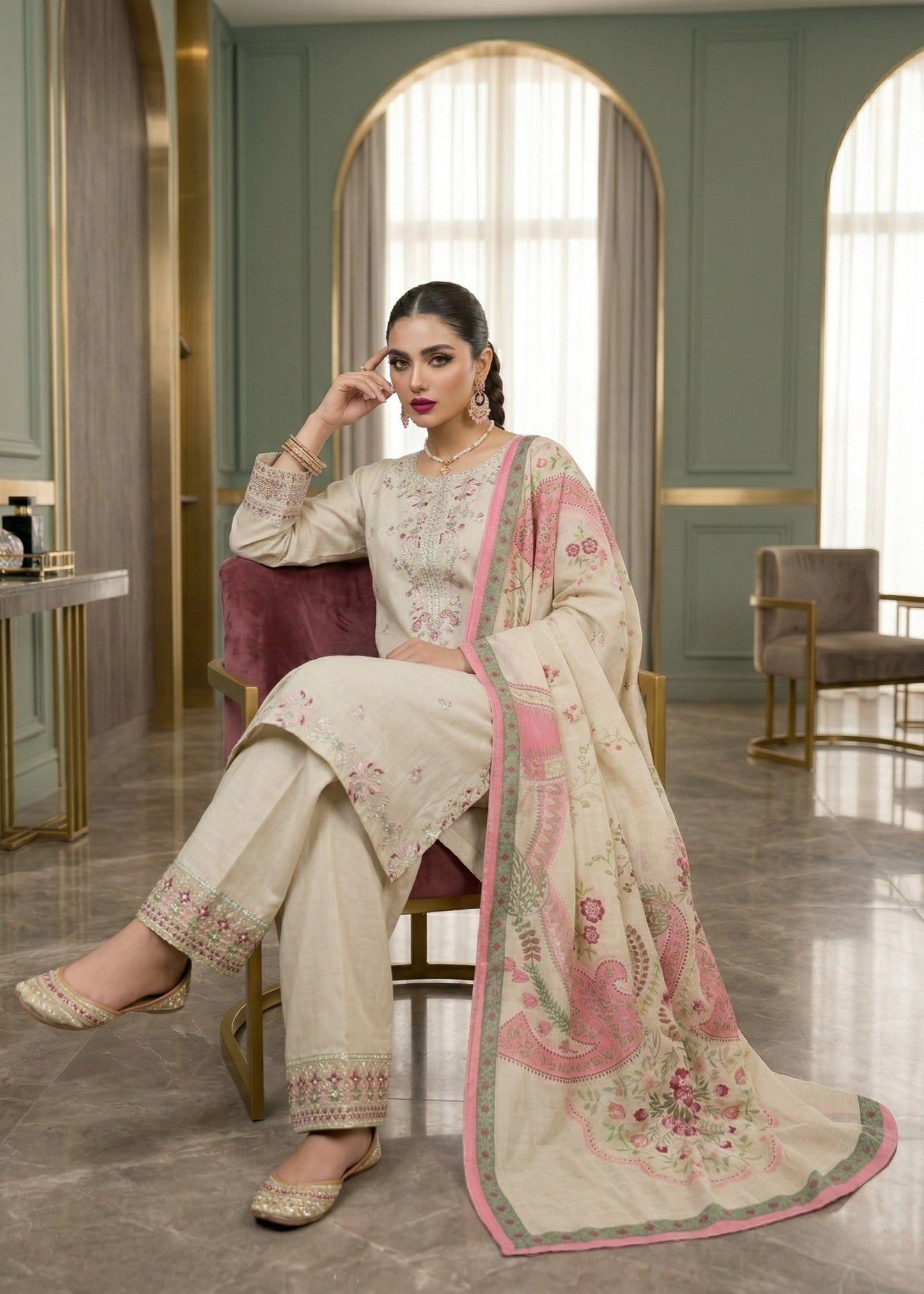 Ladies Embroidered Ivory Lawn Dress Material Online in UK USA Canada