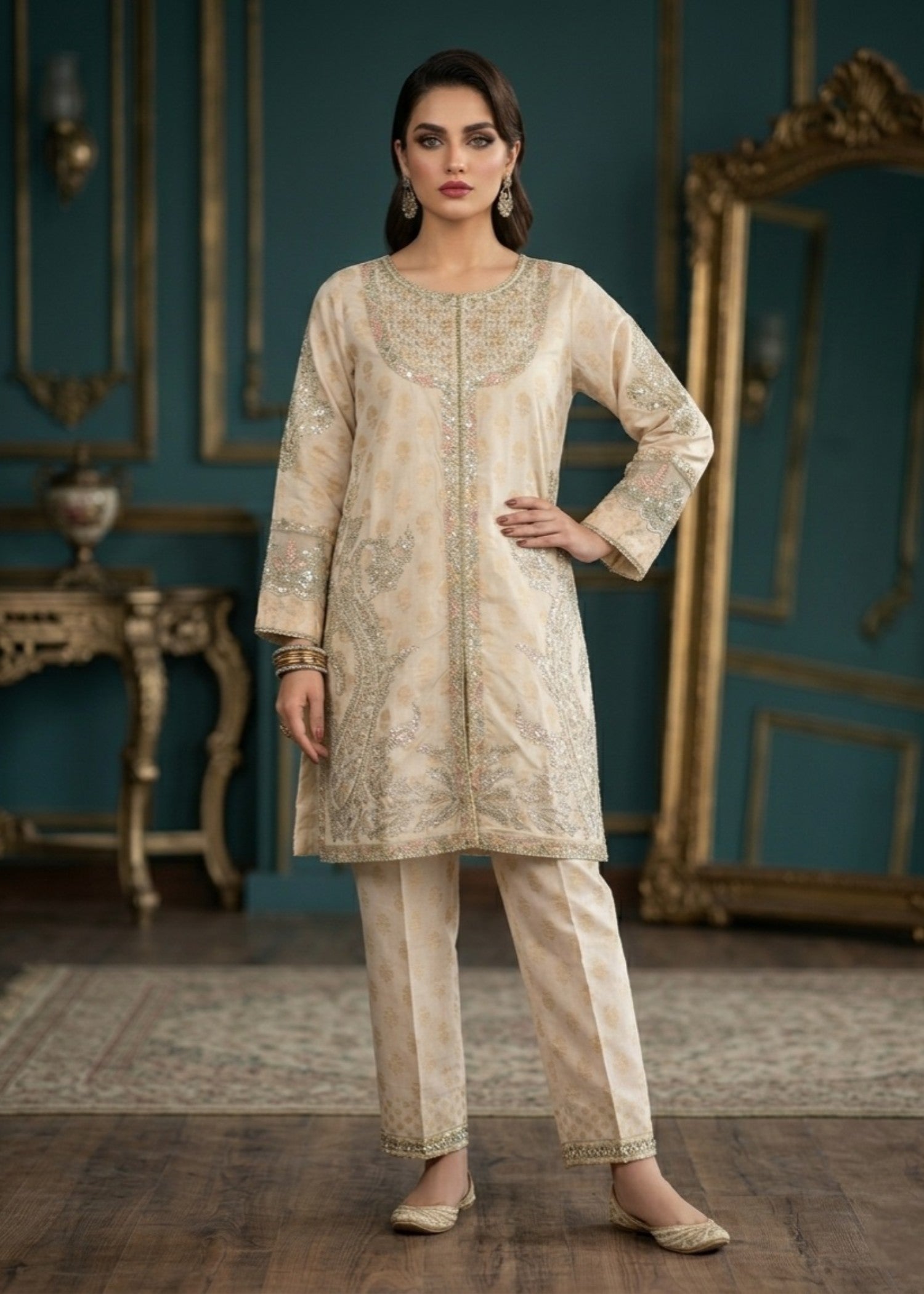 Ladies Embroidered Ivory Lawn Suit Online in UK USA Canada