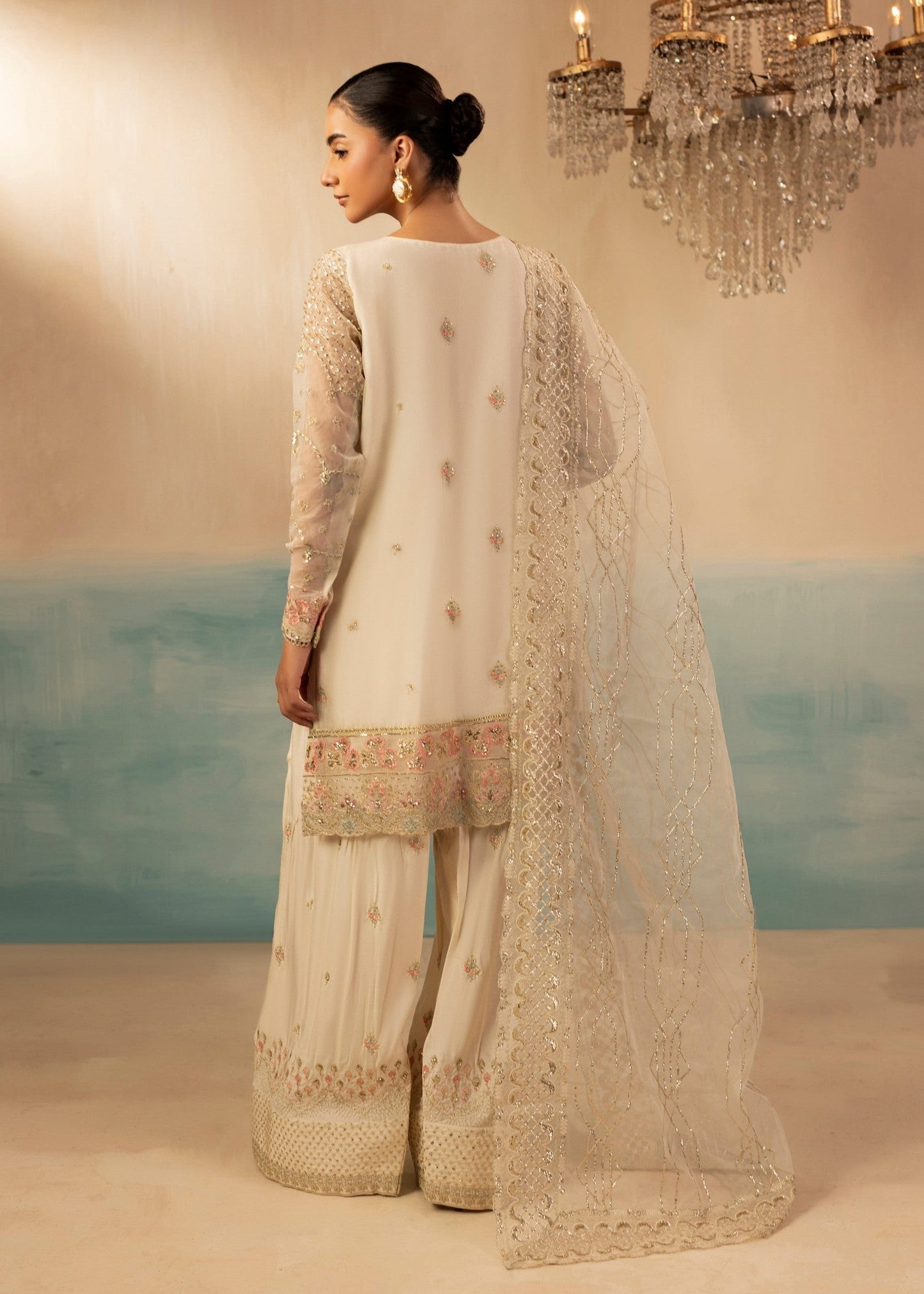 Ladies Embroidered Ivory Organza Shalwar Kameez Online in UK USA Canada