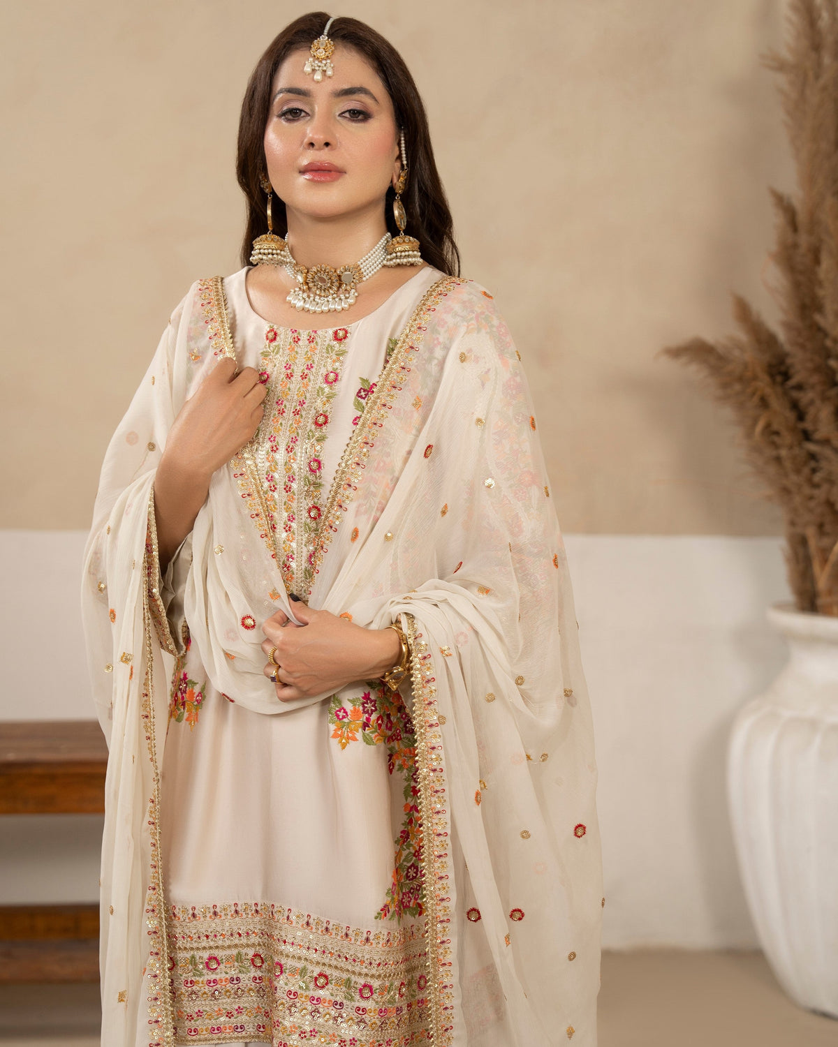 Ladies Embroidered Ivory Shalwar Kameez Online in UK USA Canada