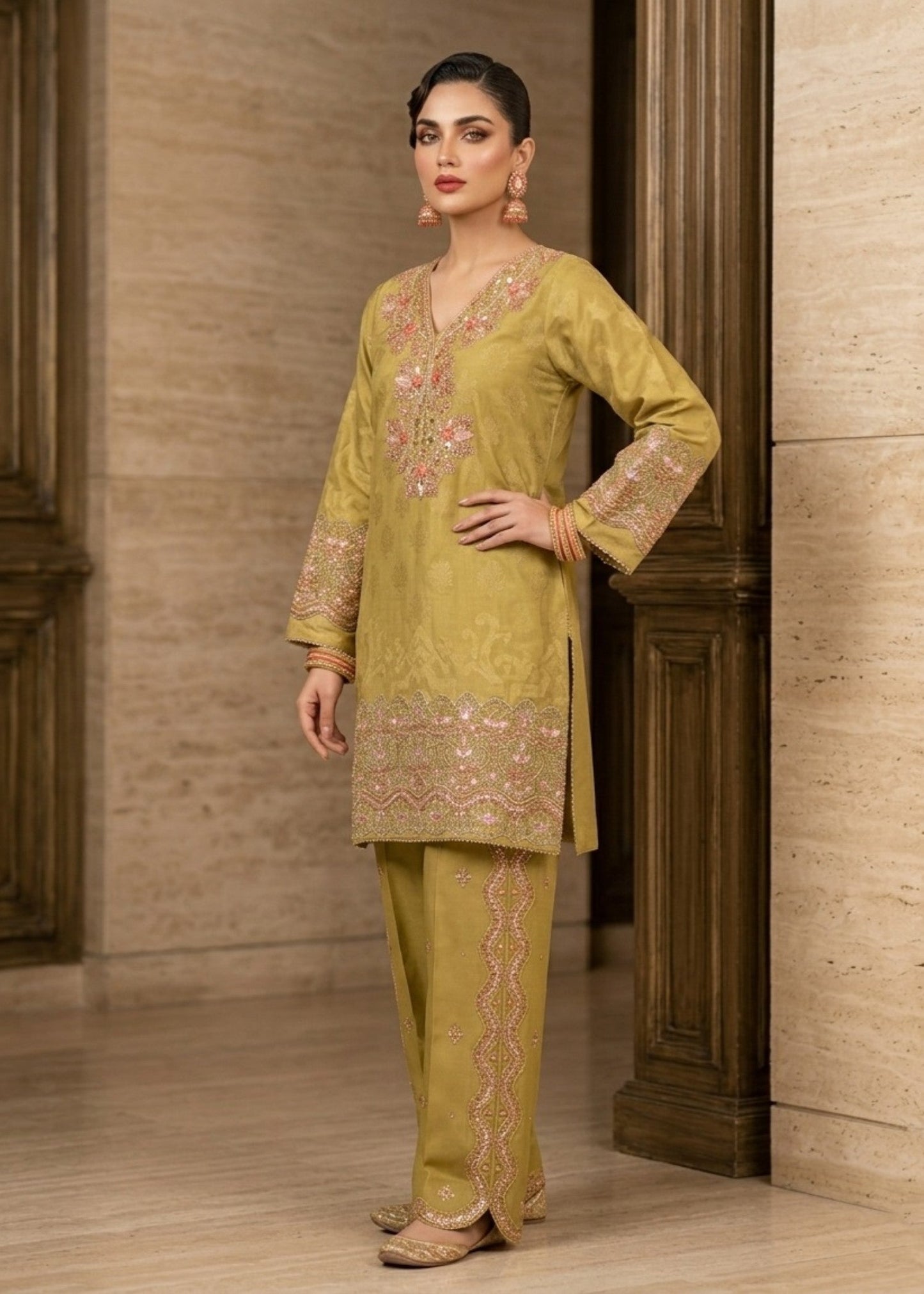 Ladies Embroidered Jacquard Mari Gold Salwar Kameez Online in UK USA Canada